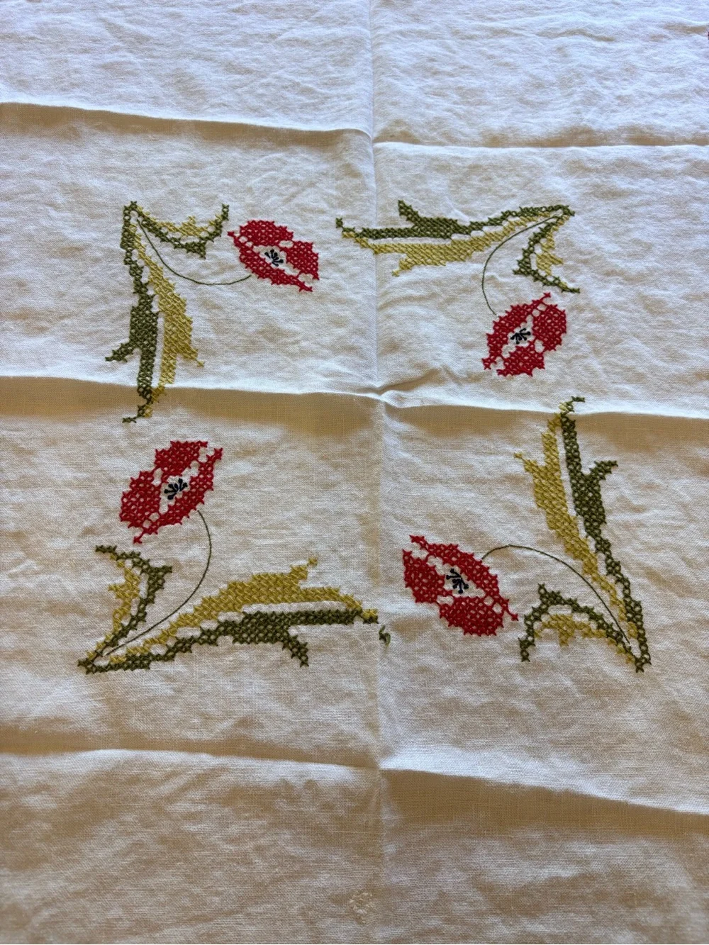 Handmade White Tablecloth with Red Tulip Cross Stitch